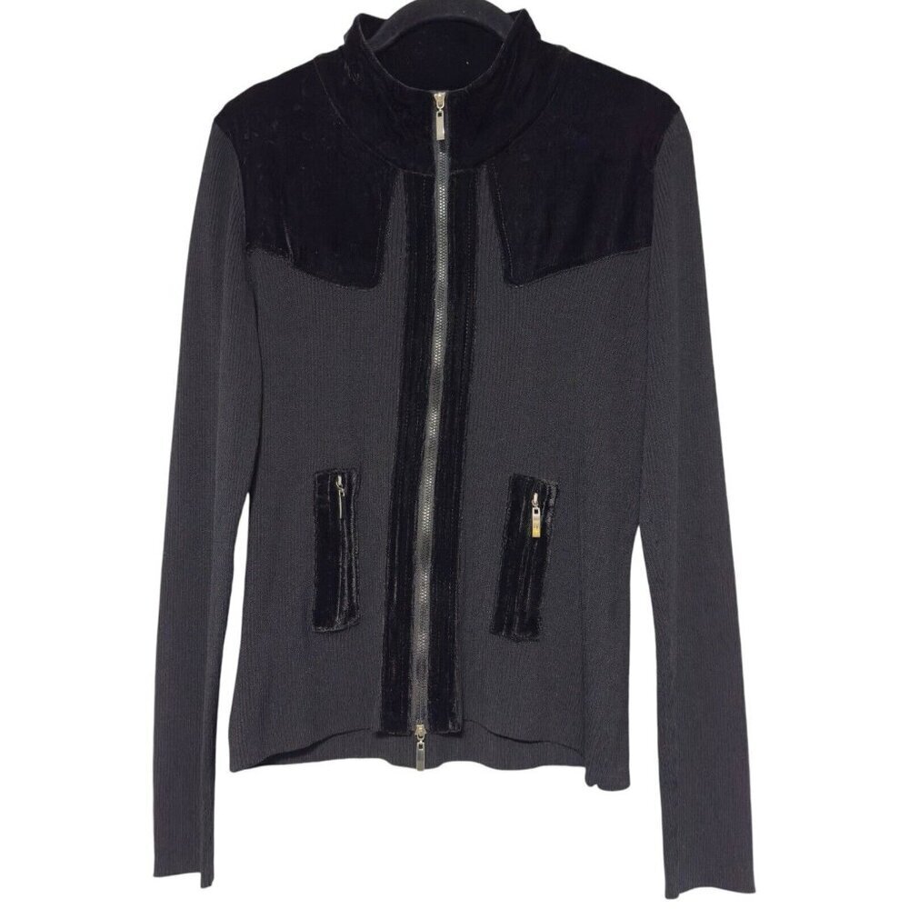 Y2K Dolce Cabo Black Ribbed Velvet‎ Long Sleeve Full Zip Sweater Moto Jacket